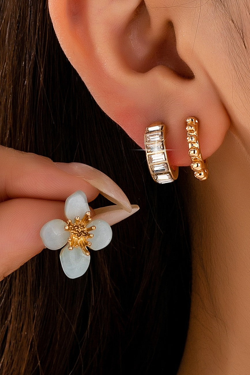 Resin Flower Stud & Baguette Huggie Hoop Trio Earring Set | 80E62686