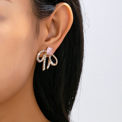 Emerald-Cut Pink Crystal Rhinestone Bow Earrings | 80E62598