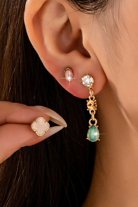 Mixed Clover Rhinestone Stud & Drop Trio Earring Set | 80E62676