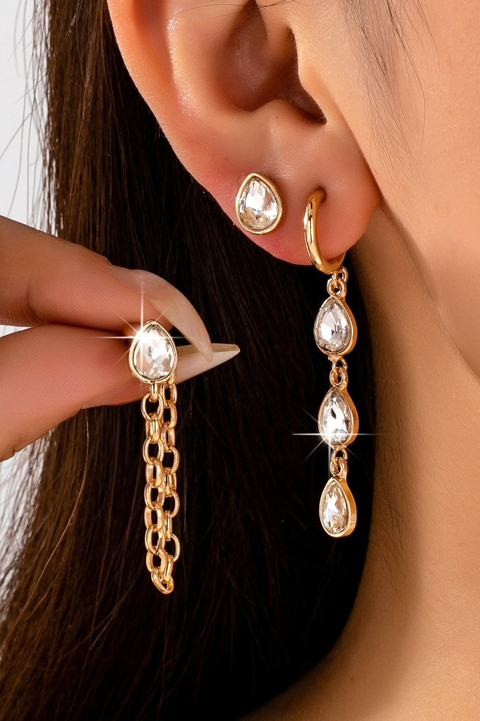 Teardrop Crystal Chain Hoop Drop Trio Earring Set | 80E62682