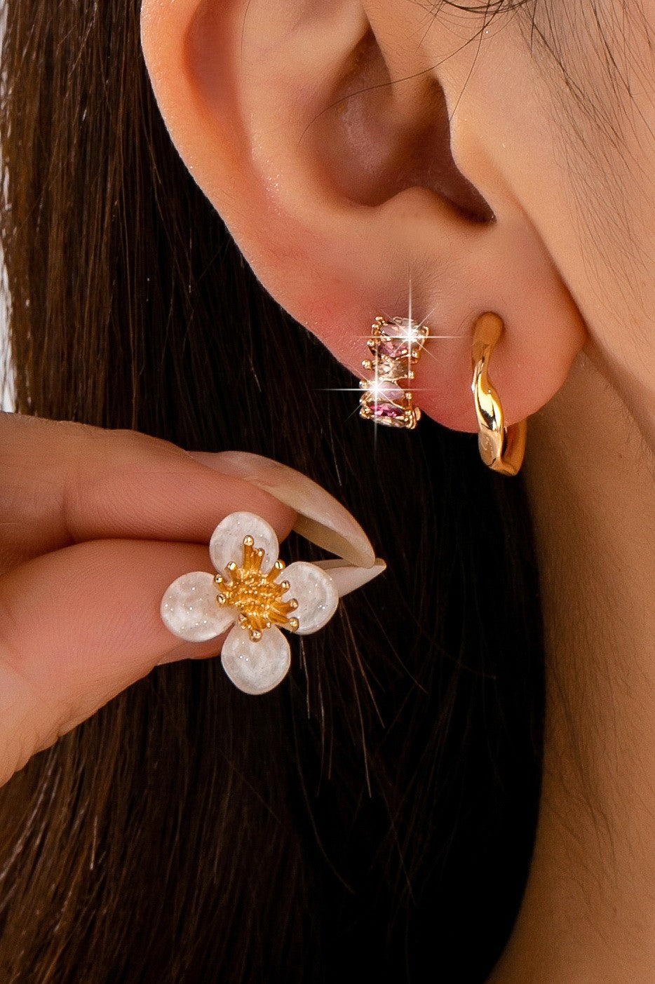 Resin Flower Crystal Gold Huggie Hoop Trio Earring Set | 80E62688