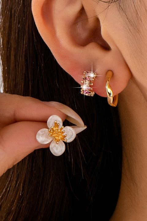 Resin Flower Crystal Gold Huggie Hoop Trio Earring Set | 80E62688