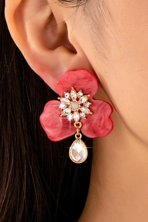 Marbled Resin Floral Rhinestone Drop Earrings | 80E62723