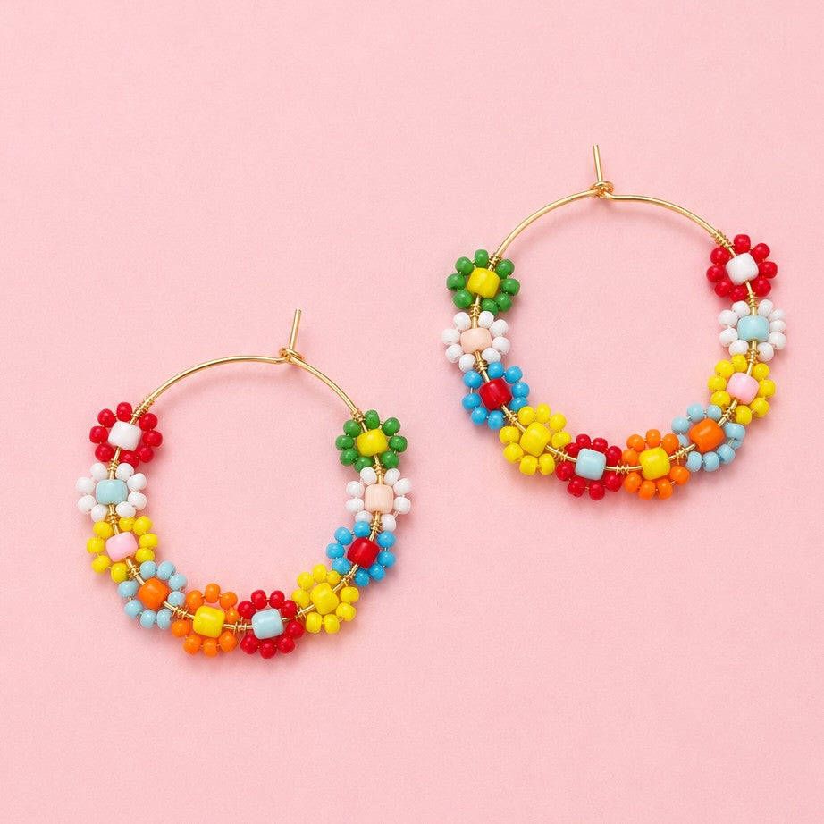 BOHO MULTI BEADED DAISY HOOP EARRINGS | 40E536