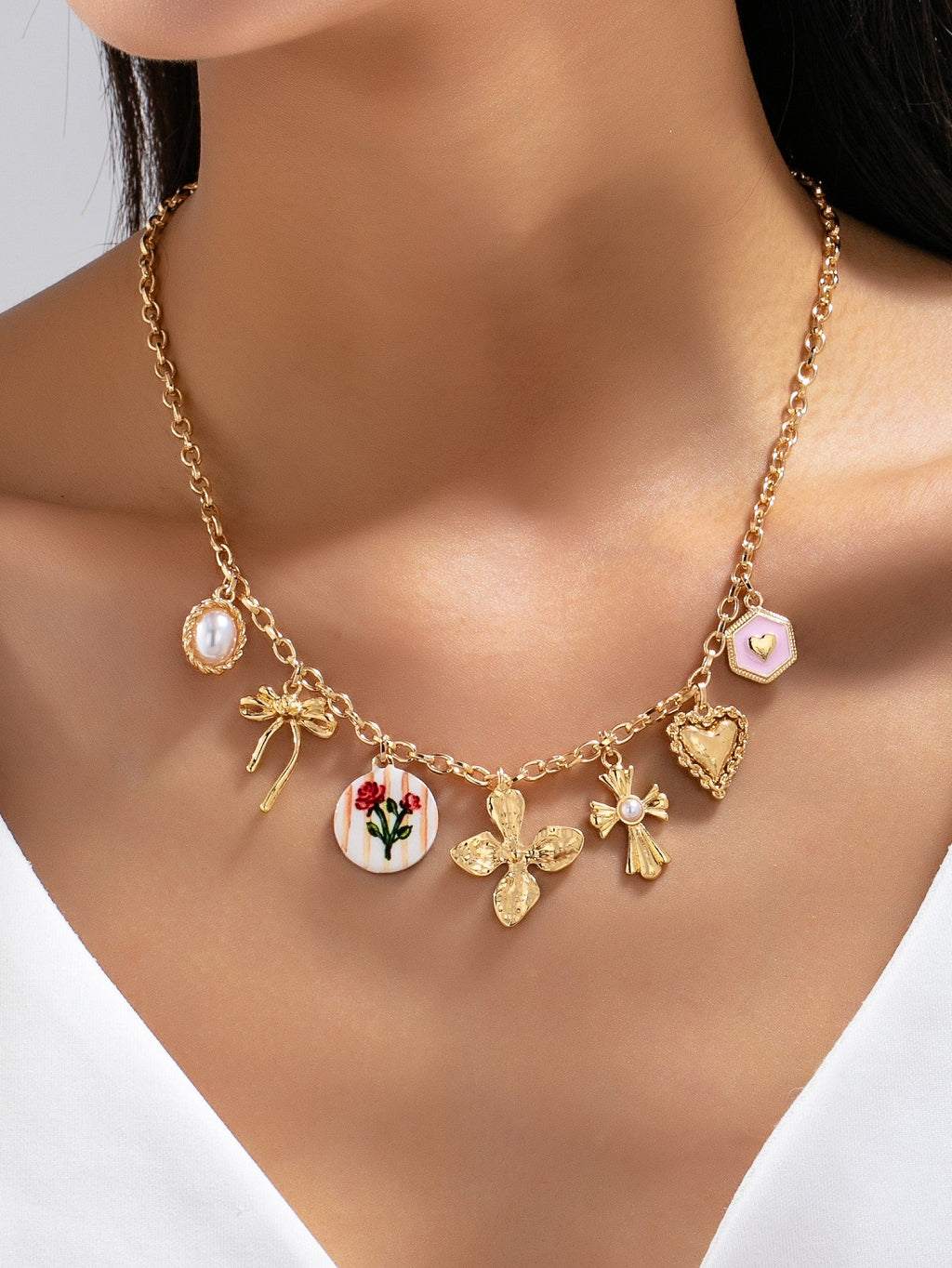 Vintage-Inspired Flower Pearl Cross Heart Charm Necklace | 80N93477