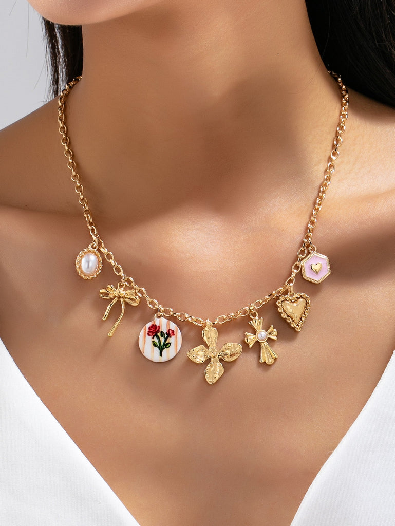 Vintage-Inspired Flower Pearl Cross Heart Charm Necklace | 80N93477