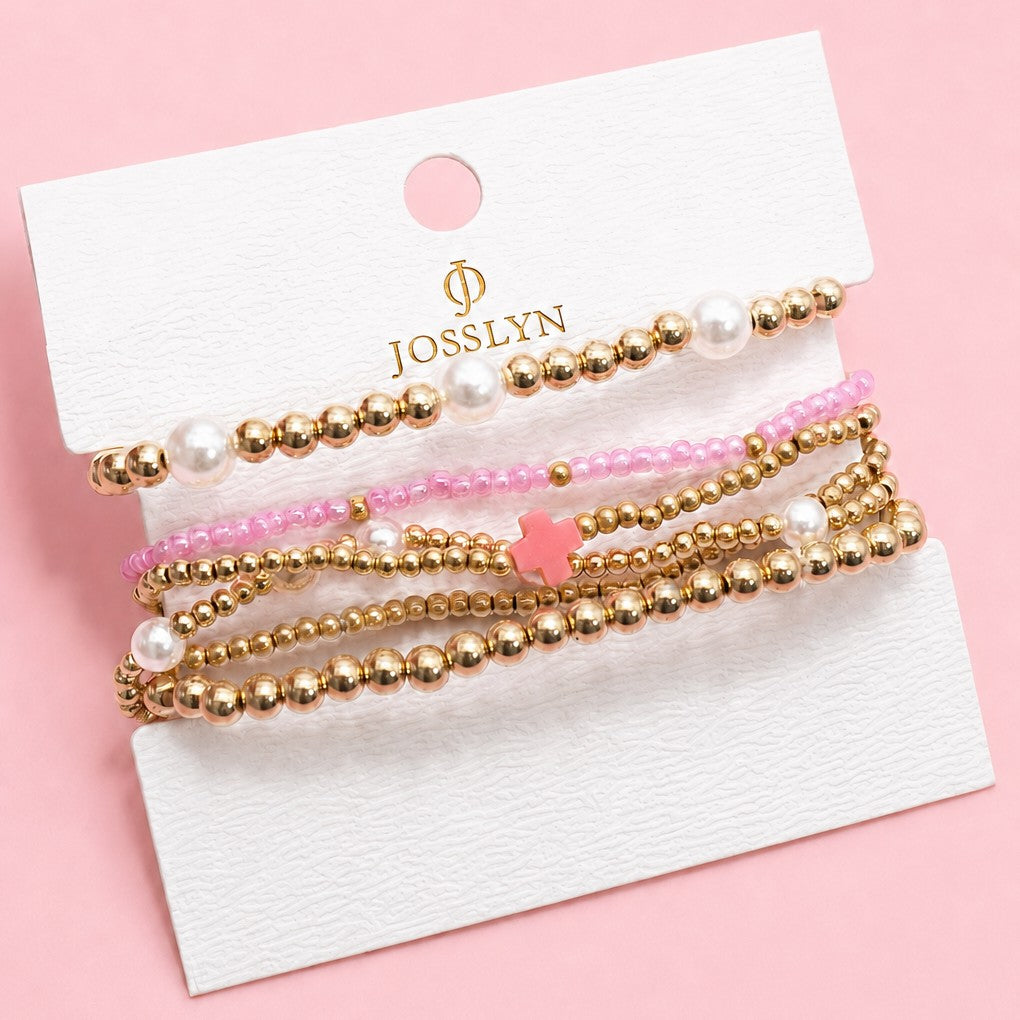 MULTI BALL PEARL BEAD CROSS STRETCHABLE BRACELET | 40B5271