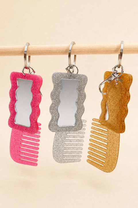 GLITTER HAIR COMB MIRROR BAG CHARM KEY CHAIN | 40KC189