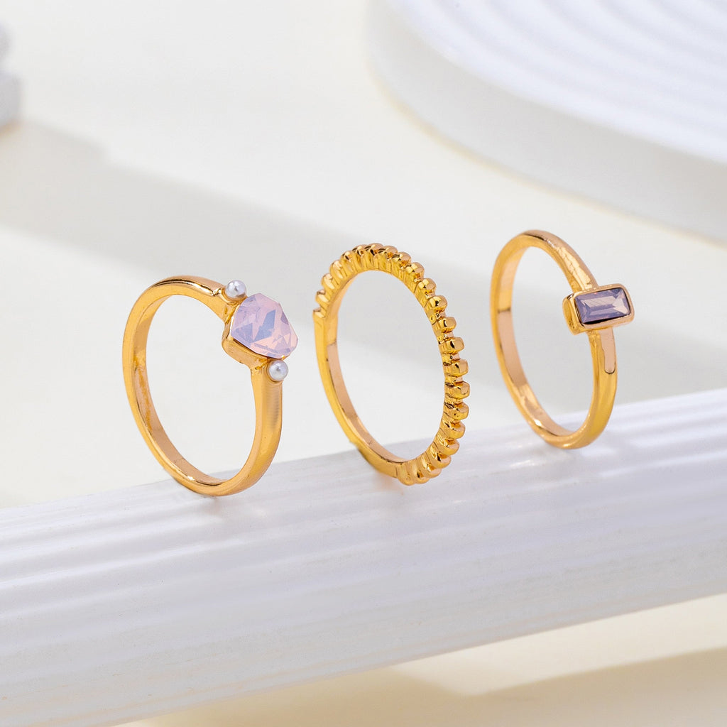Milky Pink Opal Baguette Heart 3-Piece Ring Set | 80R300