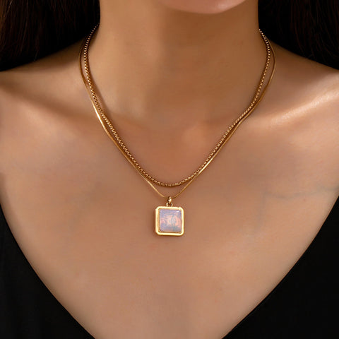 Layered Square Opal Pendant Necklace | 80N93582