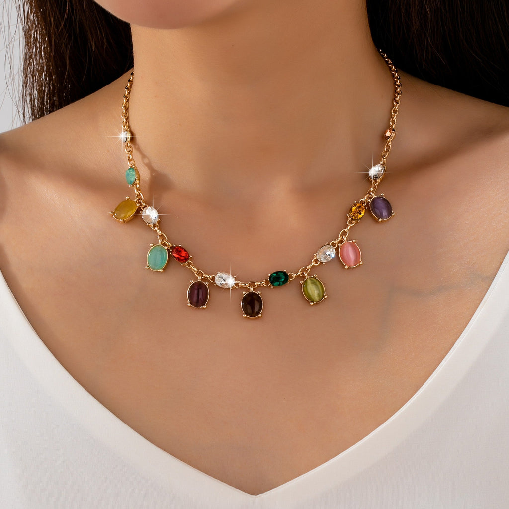 Multi-Color Oval Cat's Eye & Crystal Necklace | 80N93581