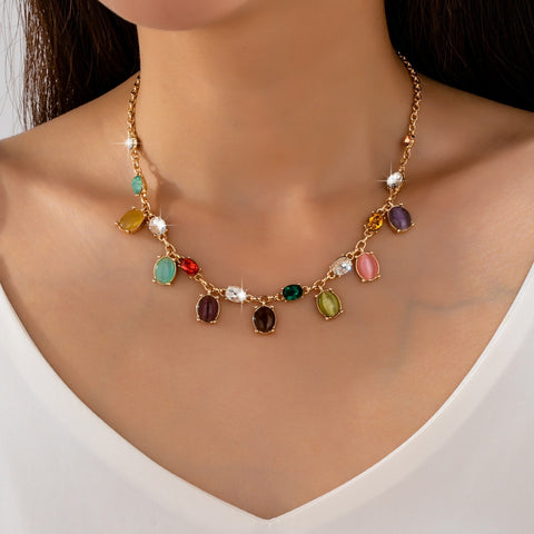 Multi-Color Oval Cat's Eye & Crystal Necklace | 80N93581