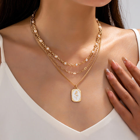 Layered Enamel Pearl & Rose Tag Pendant Necklace | 80N93573
