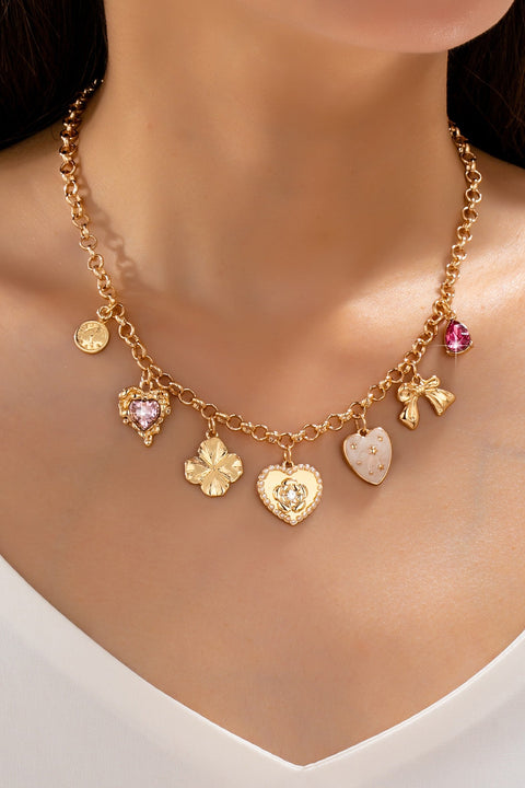 Vintage-Inspired Floral Heart Stone Station Charm Necklace | 80N93571