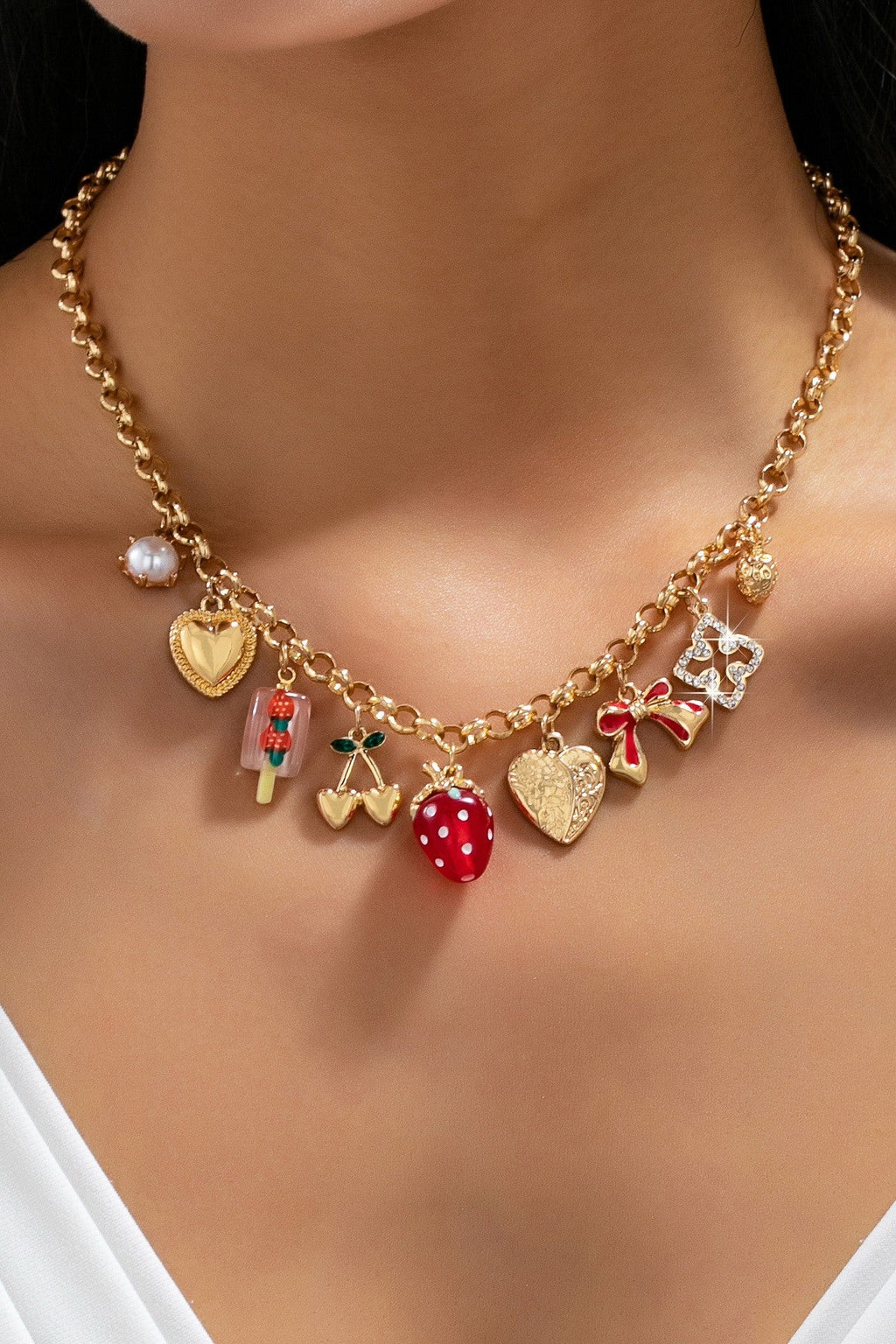 Strawberry Bow Heart Cherry Multi Charm Necklace | 80N93515