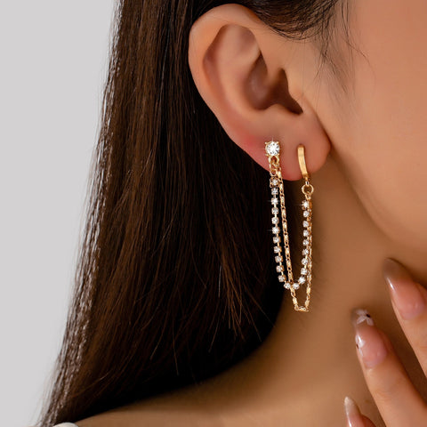Rhinestone & Gold Double Chain Drapes Drop Earrings|80E63021