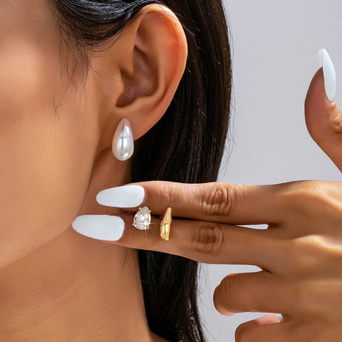 Teardrop Crystal Gold Pearl Trio Stud Earring Set | 80E63015