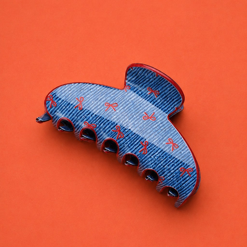 Denim Bow Print Oval Hair Claw Clip | 40H1193