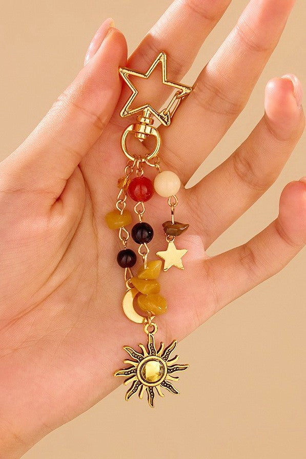 STAINELESS STEEL CELESTIAL SUN MOON STAR BEADED BAG CHARM | 40KC188