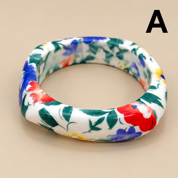 Floral Print Chunky Domed Resin Bangle Bracelet | 40B5279