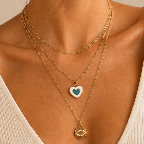 Layered Enamel Heart & Pavé Evil Eye Disc Necklace| 31N22009