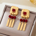 Burgundy Beaded Geometric Bar Drop Earrings | 80E63518