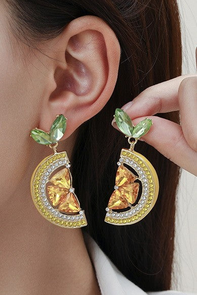 MULTI RHINESTONE FRUIT  LEMON STATEMENT EARRINGS | 40E325