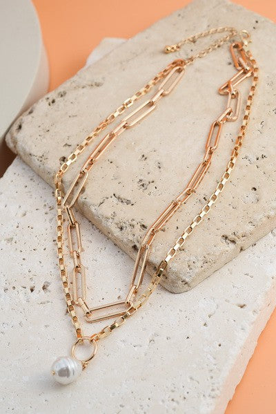 DOUBLE CHAIN PEARL PENDANT NECKLACE | 51N2111096