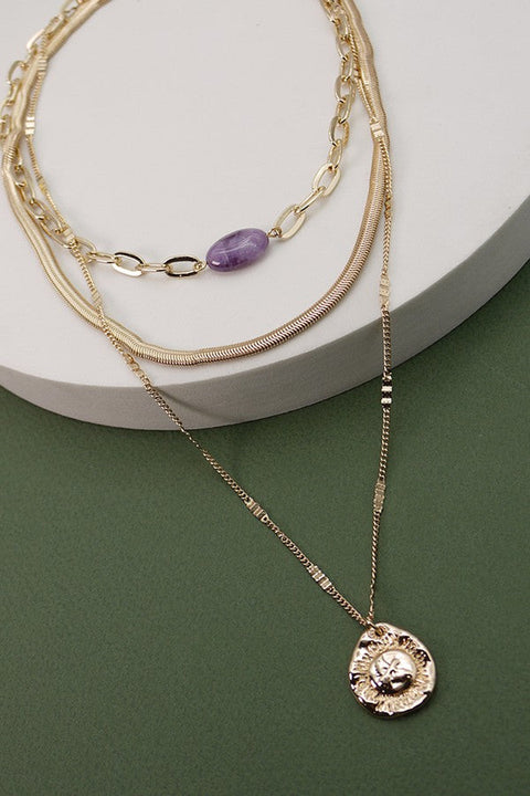 NATURAL STONE CHARM SNAKE CHAIN LAYER NECKLACE | 25N559
