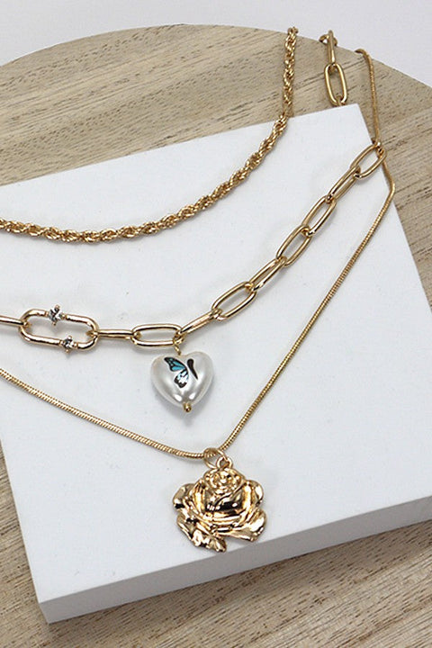 PEARL HEART FLOWER MULTI LAYER NECKLACE | 25N636
